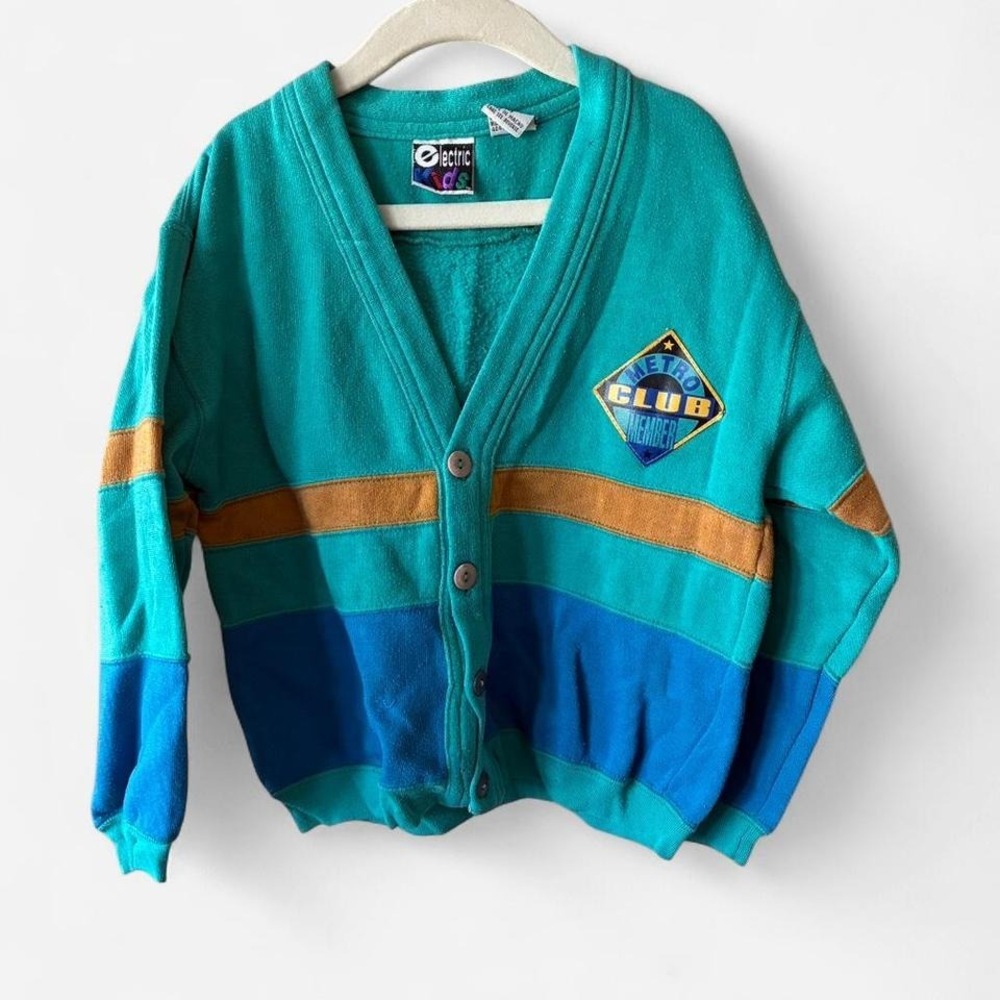 Electric Kids 90s blue & mustard striped cardigan w/ "Metro Club" logo Sz 7